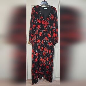 Chic Black and Red Floral Long Sleeve Dress